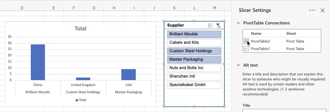 The PivotTable Connections list in Excel's Slicer Settings pane, showing two PivotTables being ticked so one slicer controls both
