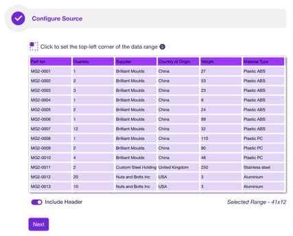 Sprucely.io automatically detects the data range in your spreadsheets and unstructured data sources